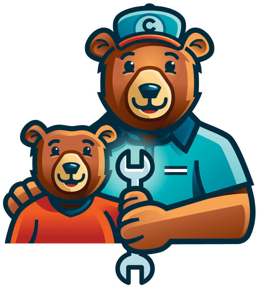 comfort union logo | A vector illustration of a bear mechanic and his son working together.